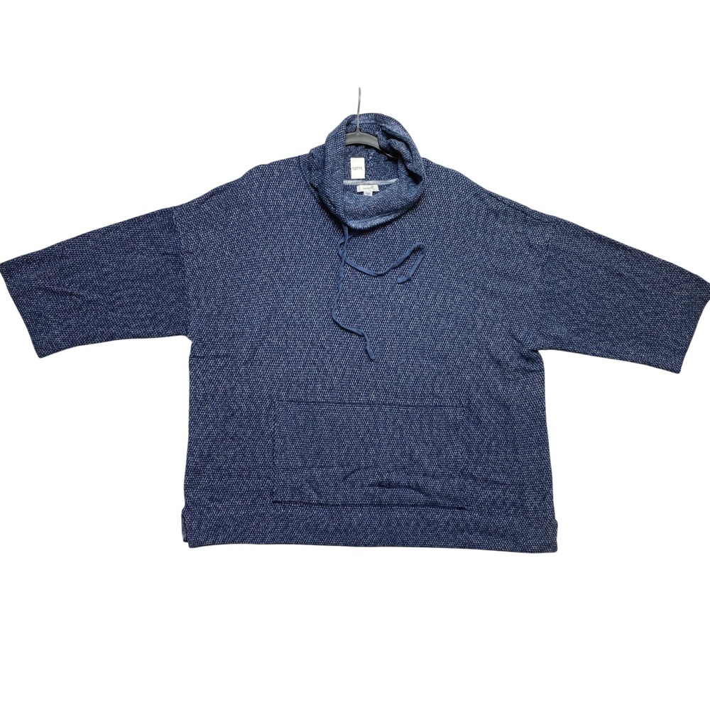 Pure Jill Pullover Womens L Petite Blue Textured Knit Cowl Neck Kangaroo Pocket